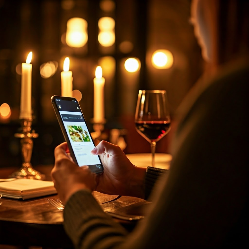 Persona revisando vinos y platos en línea